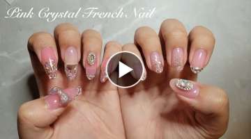 [셀프네일] 핑크 스와 프렌치 젤네일 (Pink crystal french nail + extension) ENG SUB