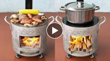 The idea of ​​making a wood stove from cement and old cooking pots