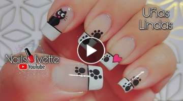 Uñas bonitas decoradas a mano alzada / Arte de uñas con gatito / Diseño de uñas paso a paso g...