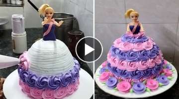 Barbie Doll Cake |Whipped Cream Barbie Doll Rosette Design |Barbie Doll Cake Kaishe Cutting kare