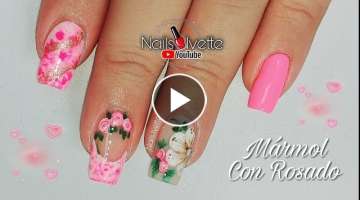 Diseño de Uñas con efecto Mármol en rosado / Decoración de uñas rosa / Uñas decoradas flore...