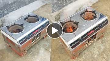 DIY wood stove from old gas stoves and cement, bricks