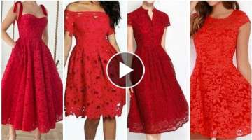 trending Christmas wear red lace patch work skater dress design ideas for women 2022.