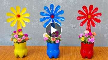 Recycle Plastic Bottles into Beautiful Sun Flower Pots Growing Moss Roses | Garden Design