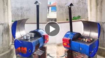 Wood stove with outdoor oven / Creative ideas from cement stoves and non iron barrels