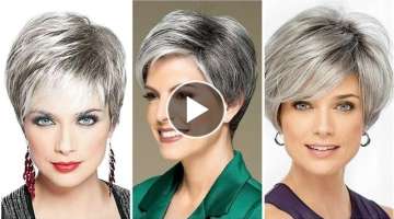 youngest & fabulous gray short haircut for 50's women short bang curtain layered hairstyle pixie ...