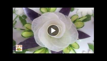 White Radish Rose Flower Sitting On Eggplant & Cucumber Carving Garnish!