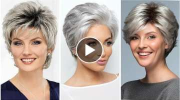 Divine & fabulous gray short haircut for 60's women short bang curtain layered hairstyle pixie cu...