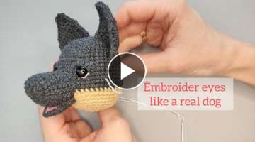 How embroidery eyes like a real dog. Crochet tutorial, amigurumi toys pattern