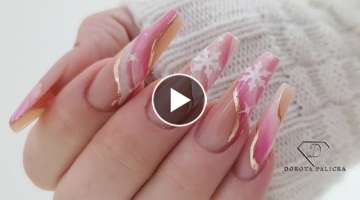 Doing my Christmas nails. Gel extensions on forms with snowflakes nail art. Pink & white nails 20...