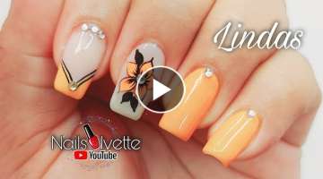 ???? Uñas decoradas en color naranja | Cómo decorar las uñas con flor sencilla y francés fác...